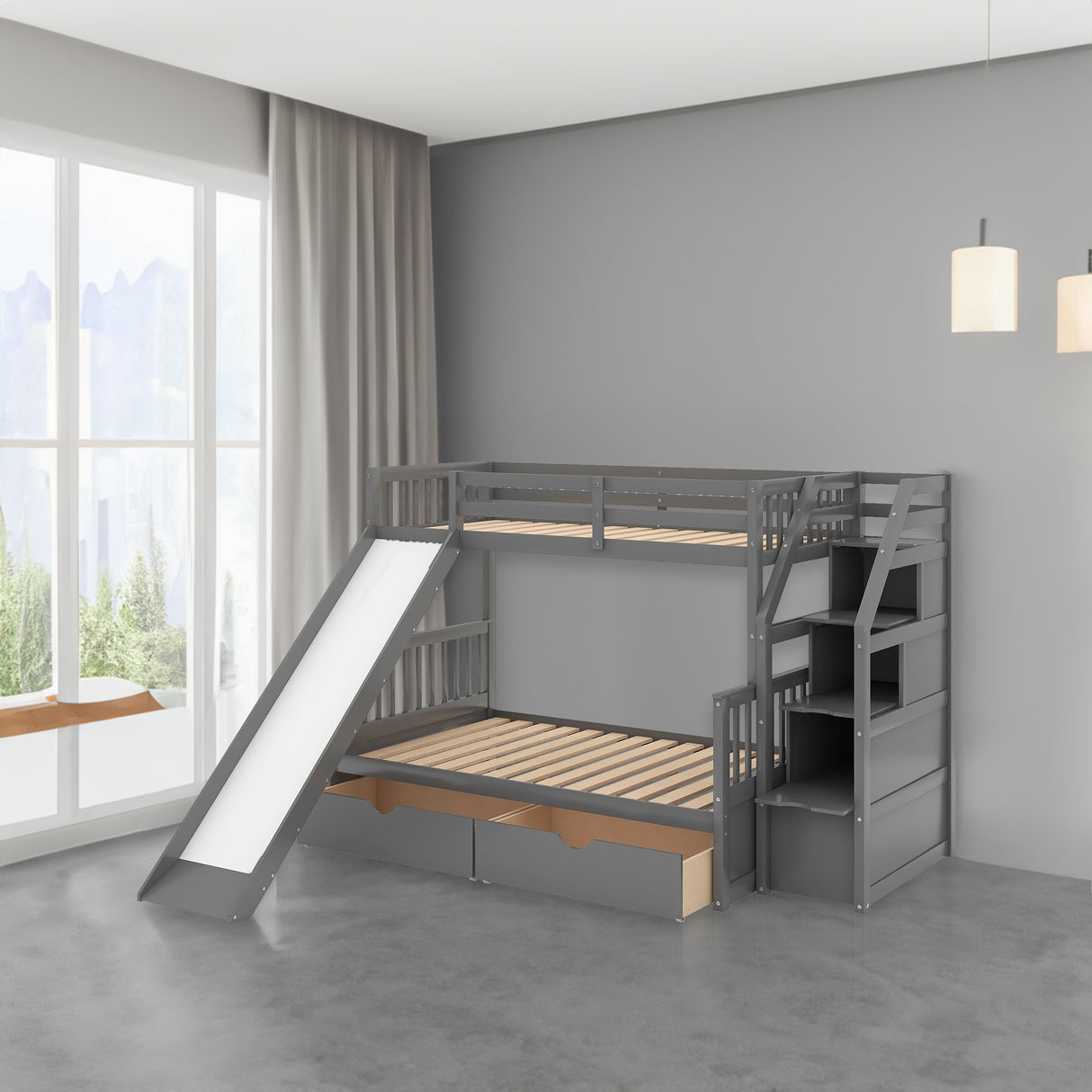 Twin over Full Bunk Bed with Drawers Storage and Slide Multifunction Gray