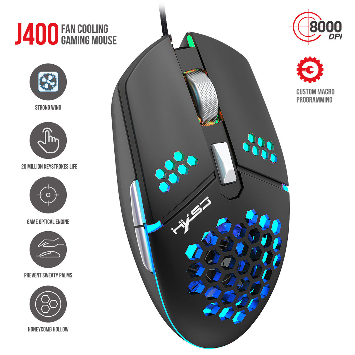 J400 new fan macro programming wired hole gaming mouse 8000dpi adjustable anti sweat design - V.I.P Digital Presence
