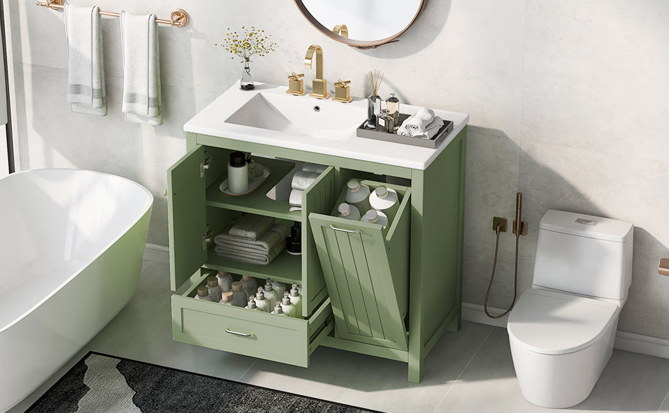 36 inch bathroom vanity with sink, one double door cabinet one large drawer and one flip drawer solid wood and MDF board, green - V.I.P Digital Presence
