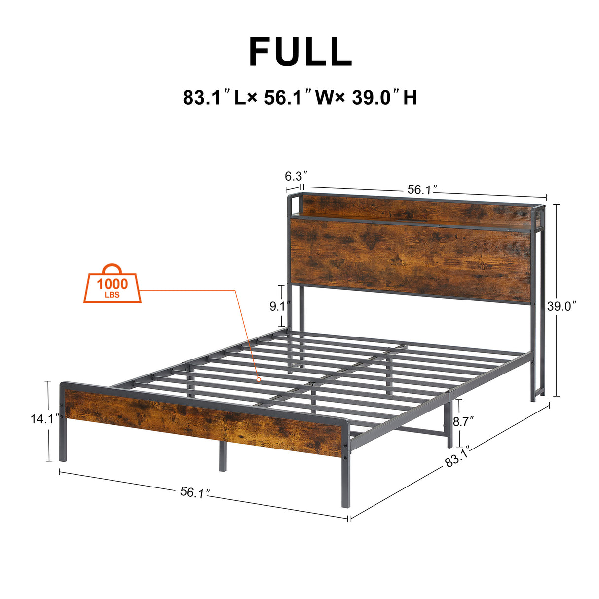 Bed frame with charging station full size, Rustic Brown, 83.1'' L x 56.1'' W x 39'' H - V.I.P Digital Presence