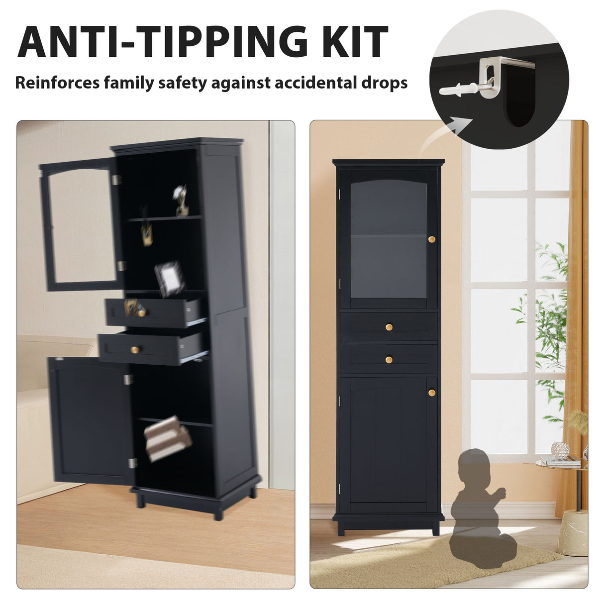 Tall Bathroom Storage Cabinet with Glass Doors, Free-Standing, Two Drawers, and Adjustable Shelves, MDF Board, Painted Black - V.I.P Digital Presence