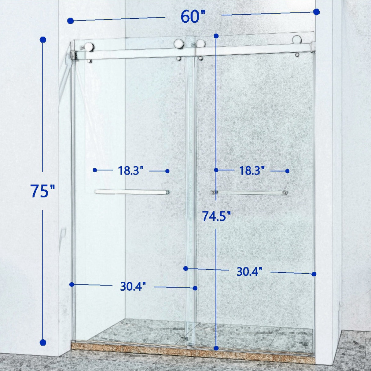 56-60 "wide x 75" high frameless double sliding shower door, 304 stainless steel chrome plated, 8mm thick SGCC tempered transpar - V.I.P Digital Presence