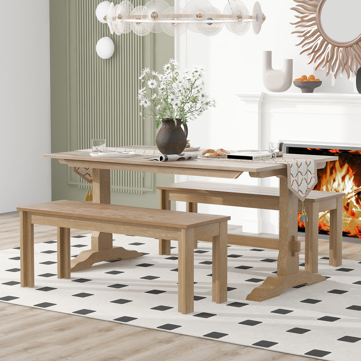 TREXM 3-piece retro dining table, rectangular stand table, and 2 4-person wooden stools (made of natural wood) - V.I.P Digital Presence