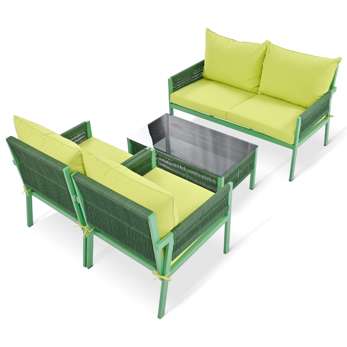 Outdoor Furniture with Tempered Glass Table, Set Deep Seating with Thick Cushion (Fluorescent Yellow & Green)