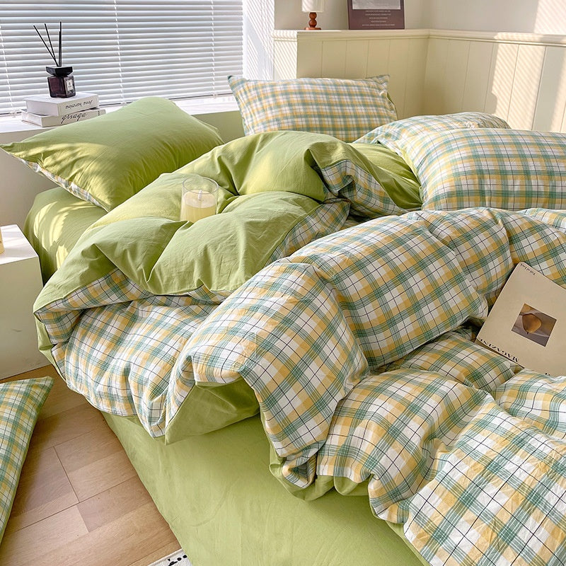 Cotton Dyed Washed Cotton Bedding Set Pure Cotton A Class Flat Sheet Quilt Cover Fitted Sheet Quilt Cover Three-Piece Set Striped