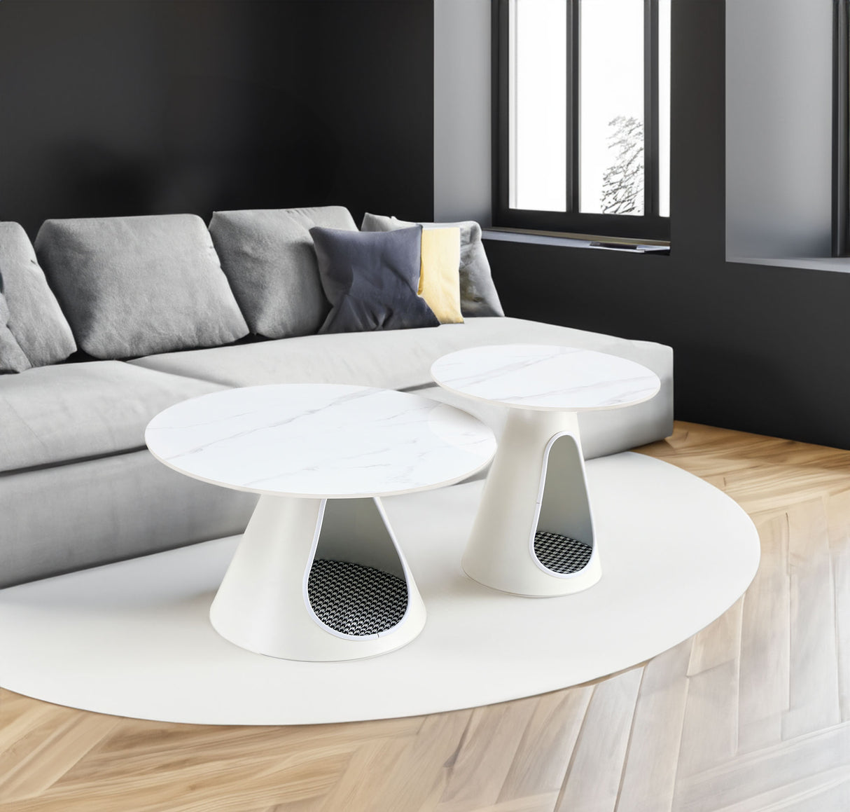 set of 2 coffee round tables with a marble-look top and steel base with 2 cat beds multifunctional and stylish entable - V.I.P Digital Presence
