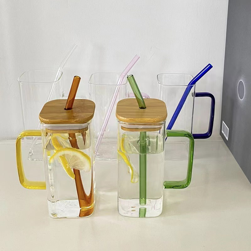 Square colored handle cup glass straw cup with lid milk tea cup with large capacity - V.I.P Digital Presence