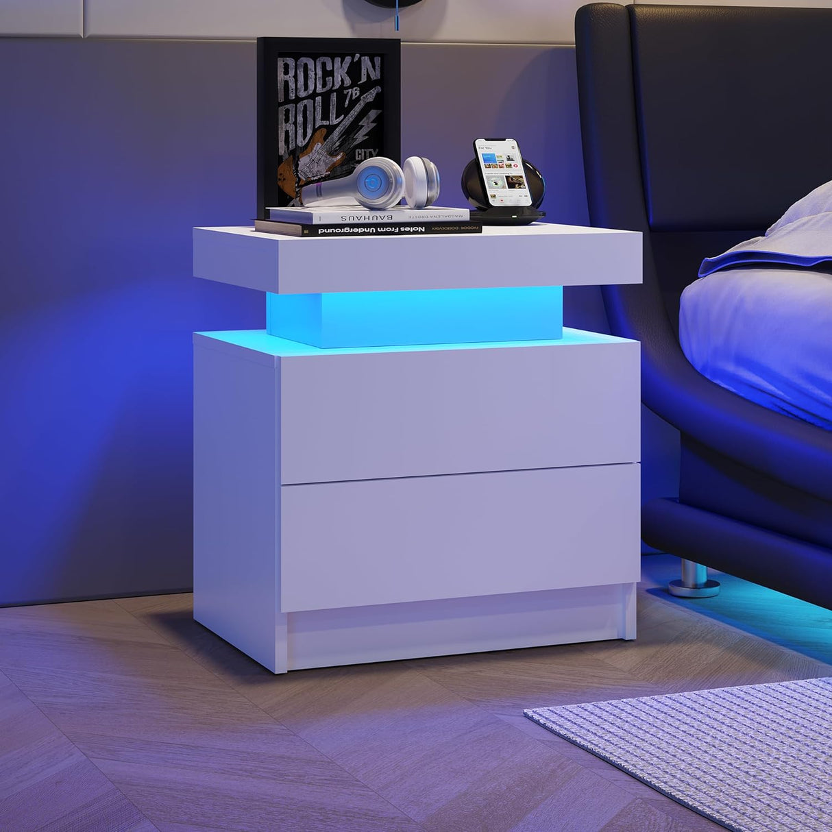 Modern white Nightstand With 2 Storage Drawers,Led Lights, End Table For Bedroom Furniture - V.I.P Digital Presence