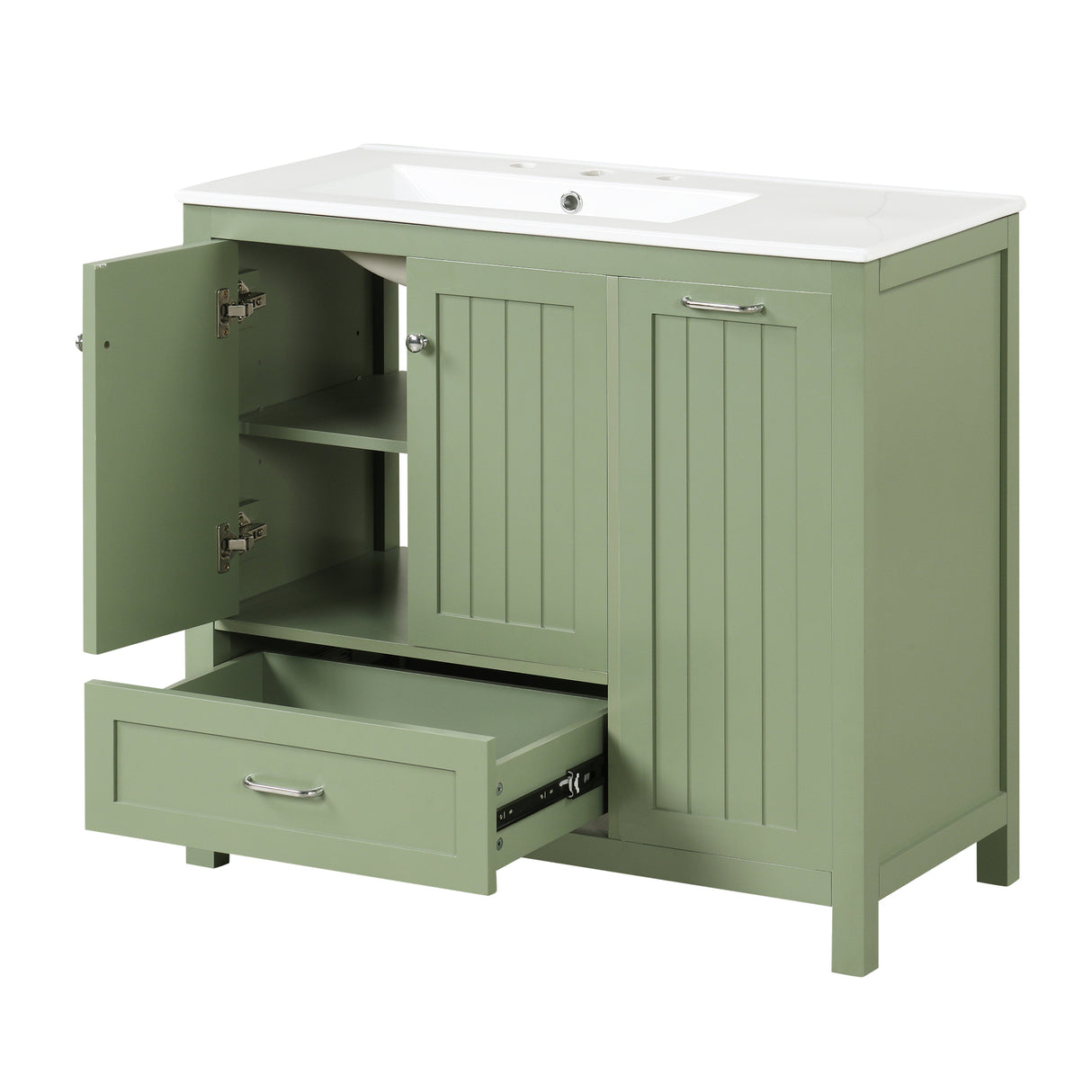 36 inch bathroom vanity with sink, one double door cabinet one large drawer and one flip drawer solid wood and MDF board, green - V.I.P Digital Presence
