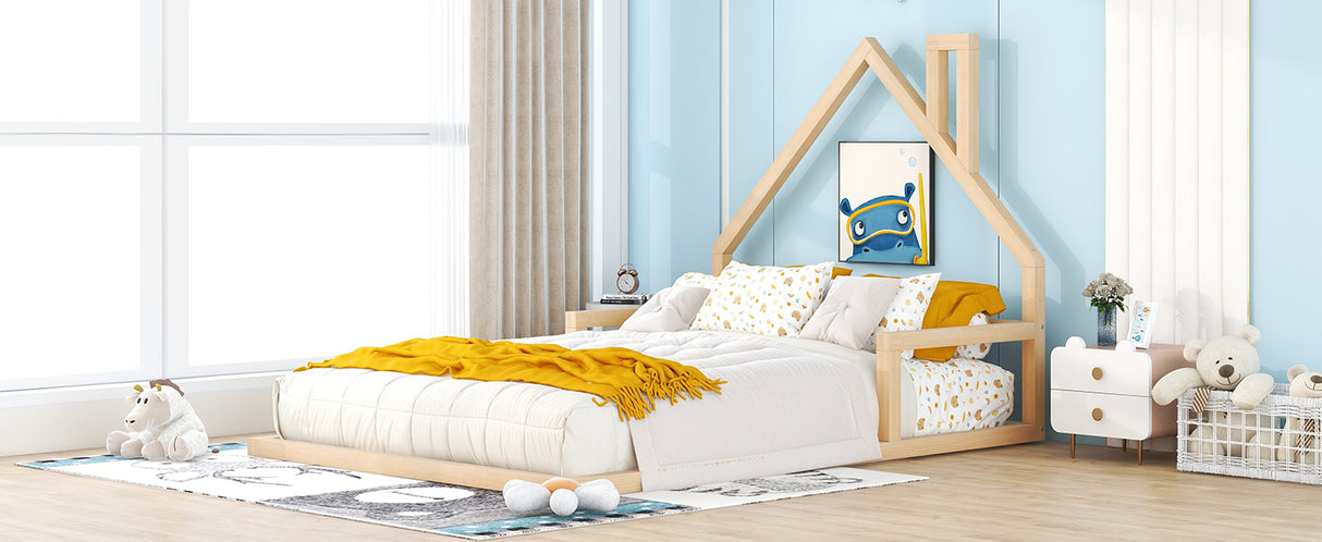 Full Size Wood Floor Bed with House-shaped Headboard Natural