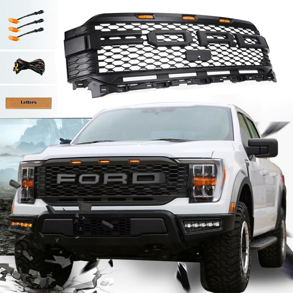 Grill For 2021 2022 2023 Ford f150 Raptor Grill Replacement W/LED Lights & Letters Matte Black - V.I.P Digital Presence