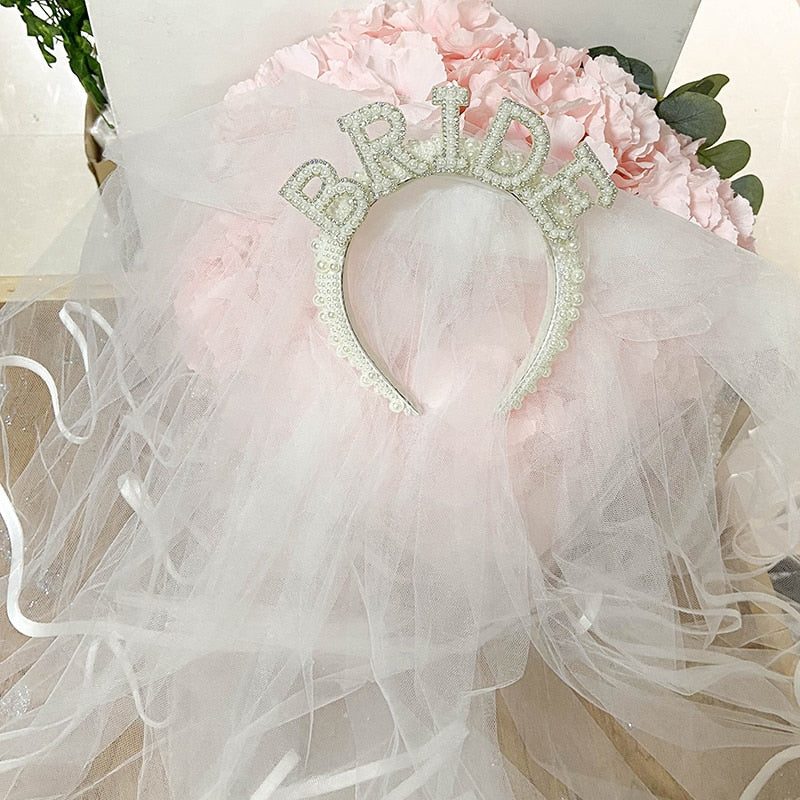 Bride to be Pearl crown tiara veil Bach Bachelorette hen Party Bridal Shower wedding engagement rehearsal dinner Decoration Gift - V.I.P Digital Presence