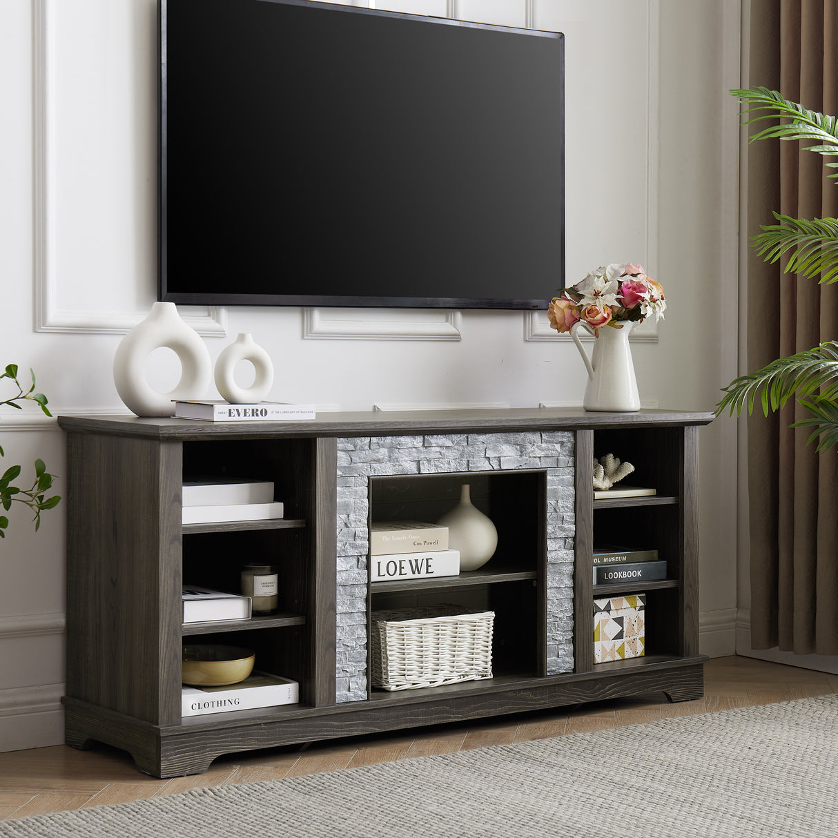 Mantel Stone modern entertainment console, manually stacked stone surrounds open storage space, gray - V.I.P Digital Presence