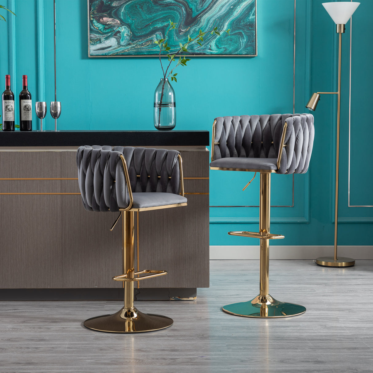 Set of 2 Bar Stools with Chrome Footrest and Base Swivel Height Velvet + Golden Leg Simple Bar Stool-Grey