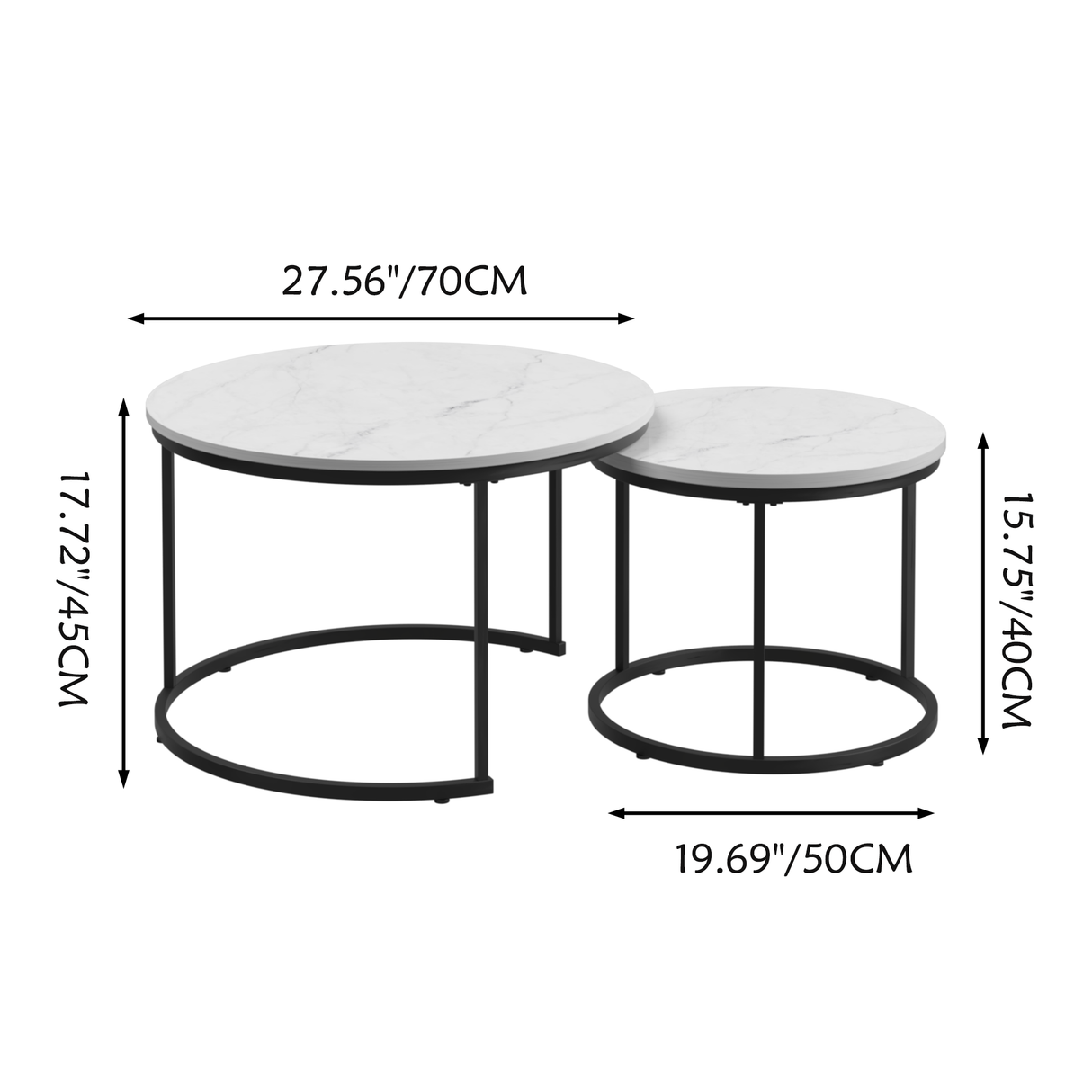 A set of nested 27.6-inch circular coffee tables with a wooden marble patterned tabletop and a sturdy metal frame (white) - V.I.P Digital Presence
