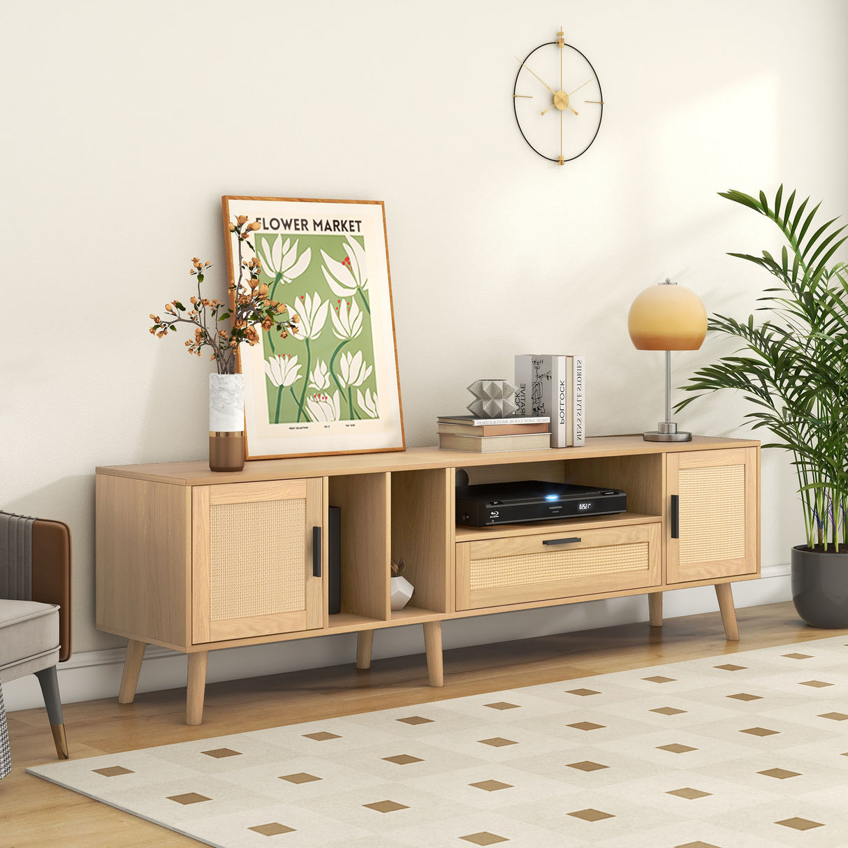 Vine TV stand with 2 cabinets and 2 open shelves, suitable for TVs under 80 inches, with solid wood legs for TV cabinets - V.I.P Digital Presence