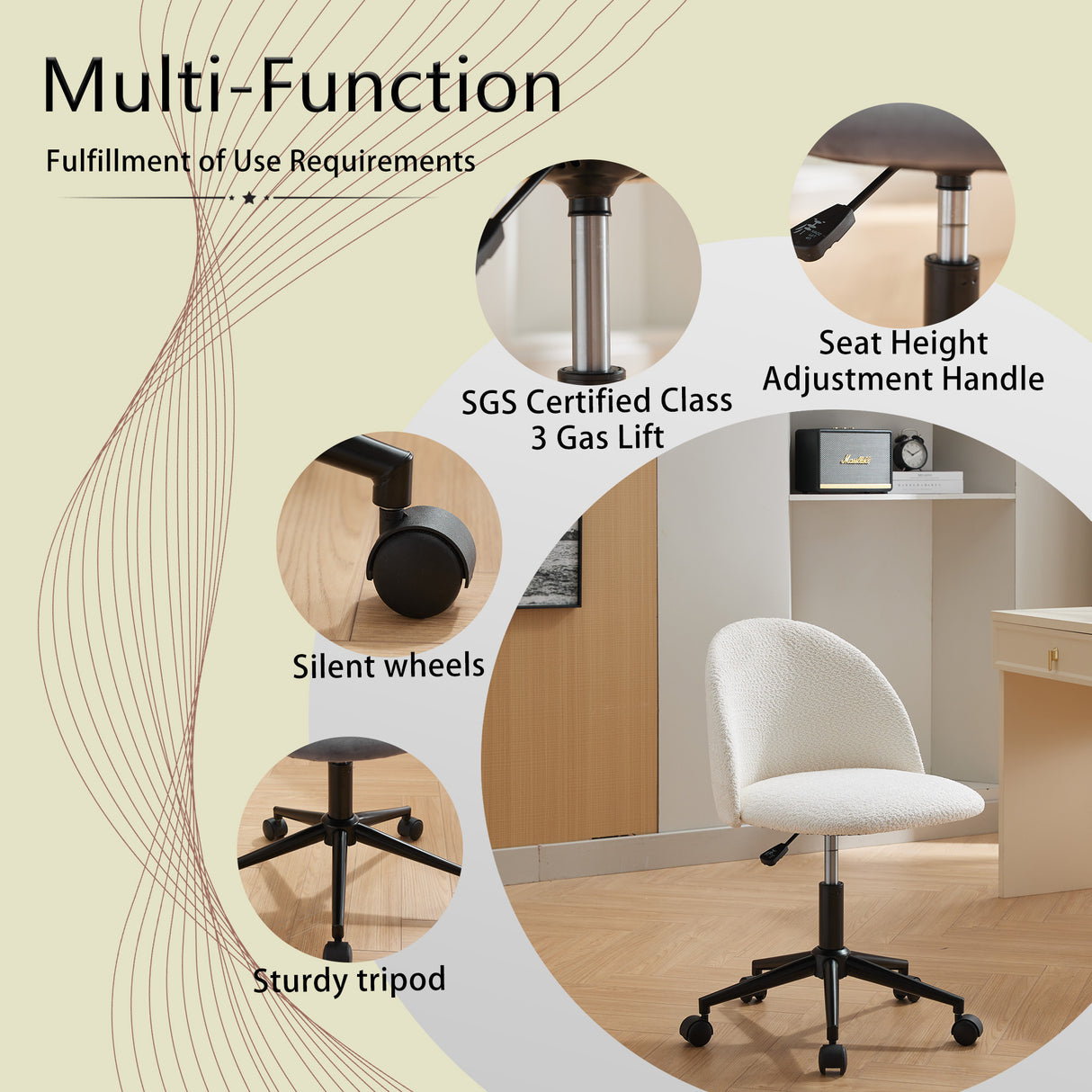 Velvet fabric office chair, mid back adjustable rotating computer chair, black legs, cushioned office chair with wheels ,White - V.I.P Digital Presence