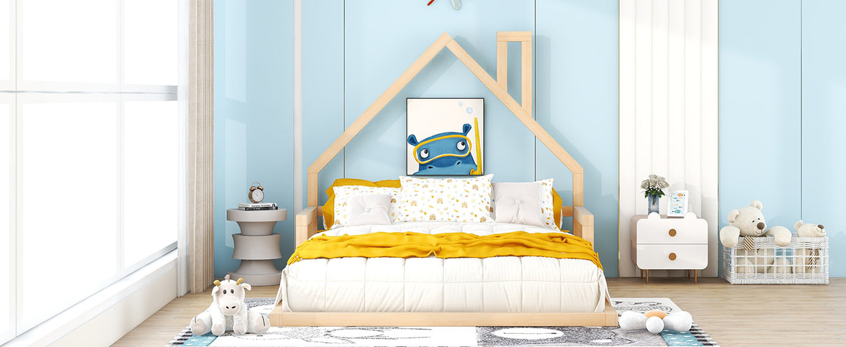 Full Size Wood Floor Bed with House-shaped Headboard Natural