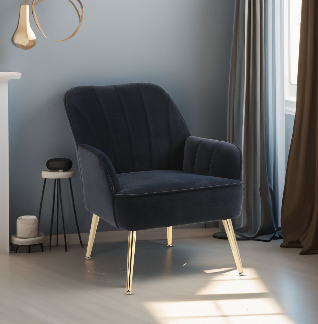 Modern Mid Century Chair velvet Sherpa Armchair for Living Room Bedroom Office Easy Assemble(NAVY) - V.I.P Digital Presence