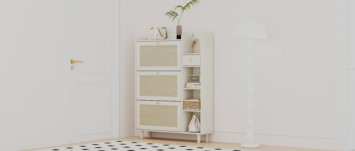 Natural Bohemian style shoe cabinet with 3 rattan flip drawers, 3 square shelves, and 1 storage drawer, white - V.I.P Digital Presence