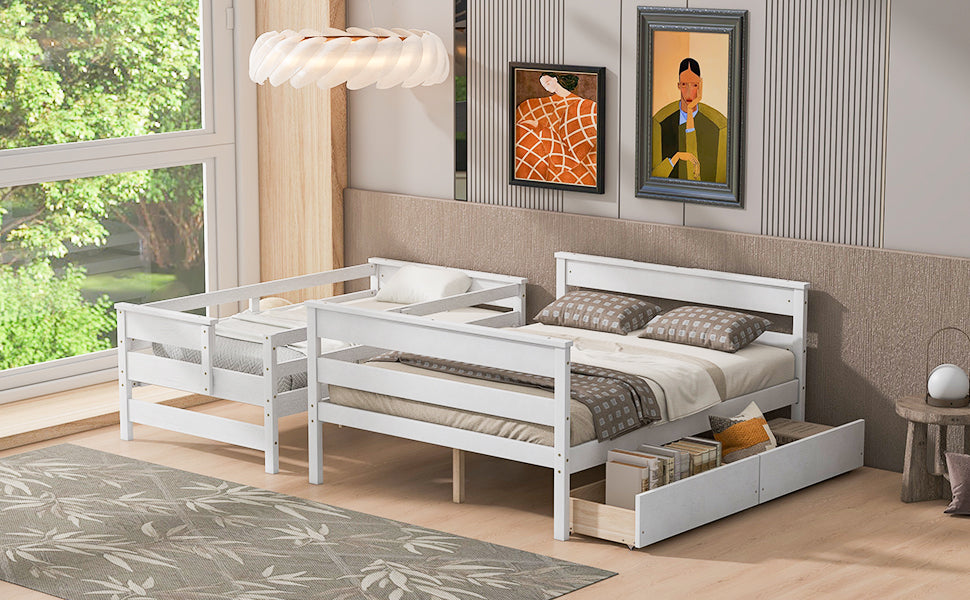 Wood Twin over Full Bunk Bed with 2 Drawers White