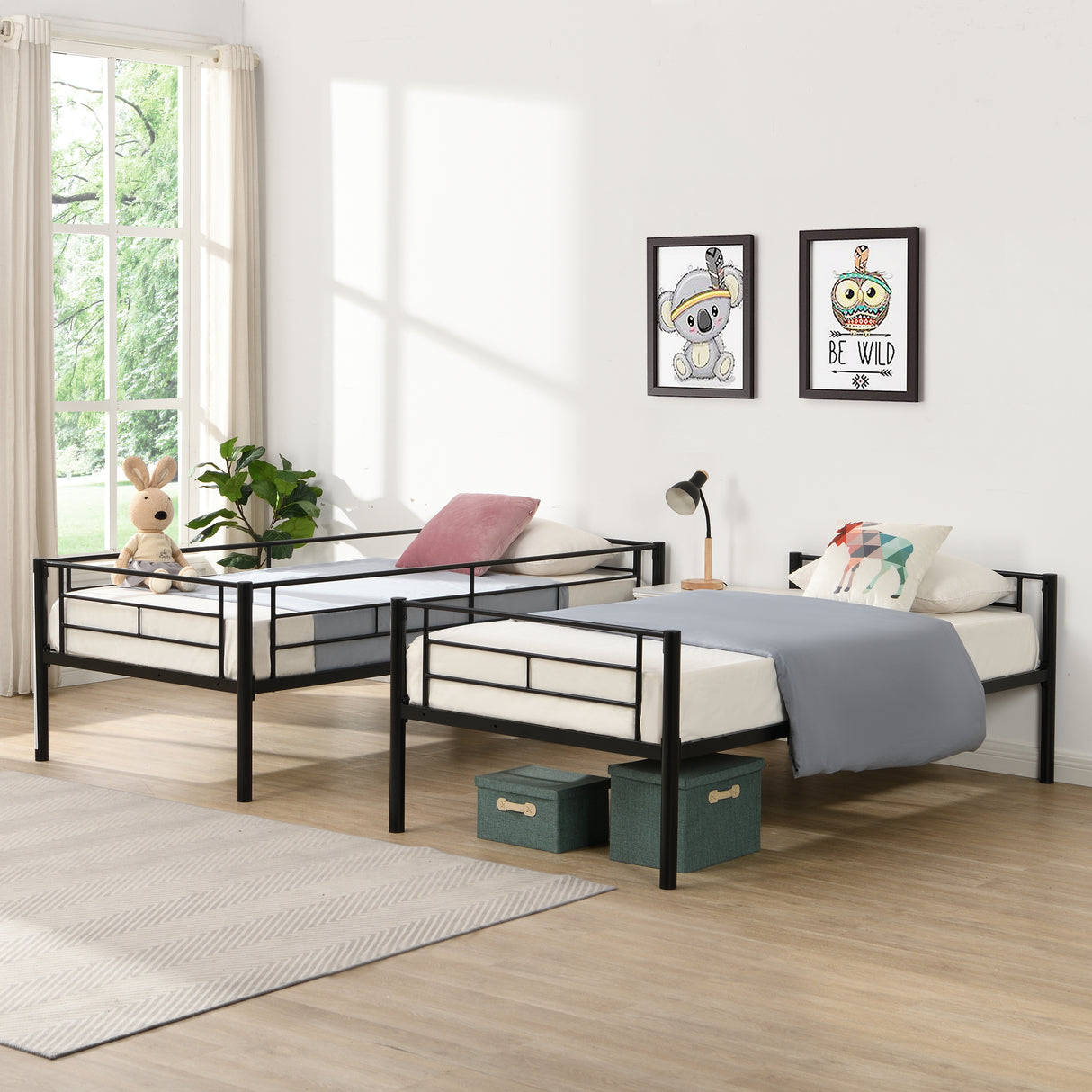Double decker bed, size above twin bed, with 2 ladders and full-length guardrail, metal, storage space, black - V.I.P Digital Presence
