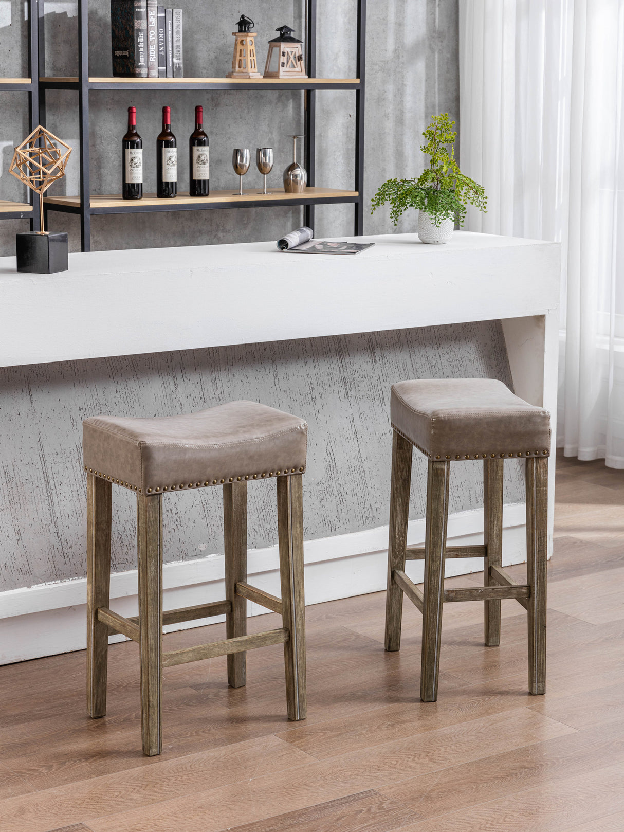 Counter Height 29" Bar Stools for Kitchen Counter Backless Faux Leather Stools Farmhouse Island Chairs (29 Inch Gray Set of 2)