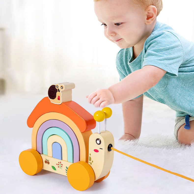 Wooden children's rainbow snail tractor color matching cognitive building blocks fun rope learning walker - V.I.P Digital Presence