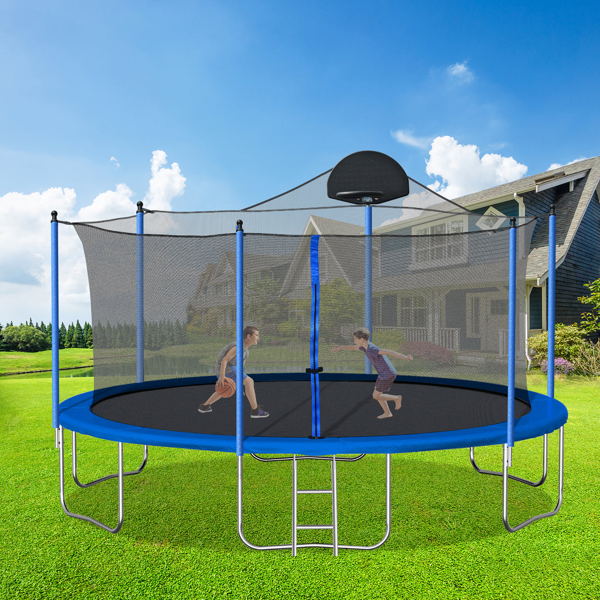 14FT Trampoline for Adults & Kids with Basketball Hoop, Outdoor Trampolines w/Ladder and Safety Enclosure Net for Kids and Adult - V.I.P Digital Presence