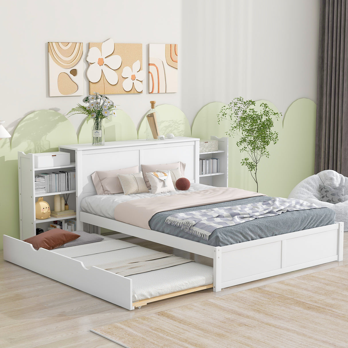 Queen Size Storage Platform Bed with Pull Out Shelves and Twin XL Size Trundle White