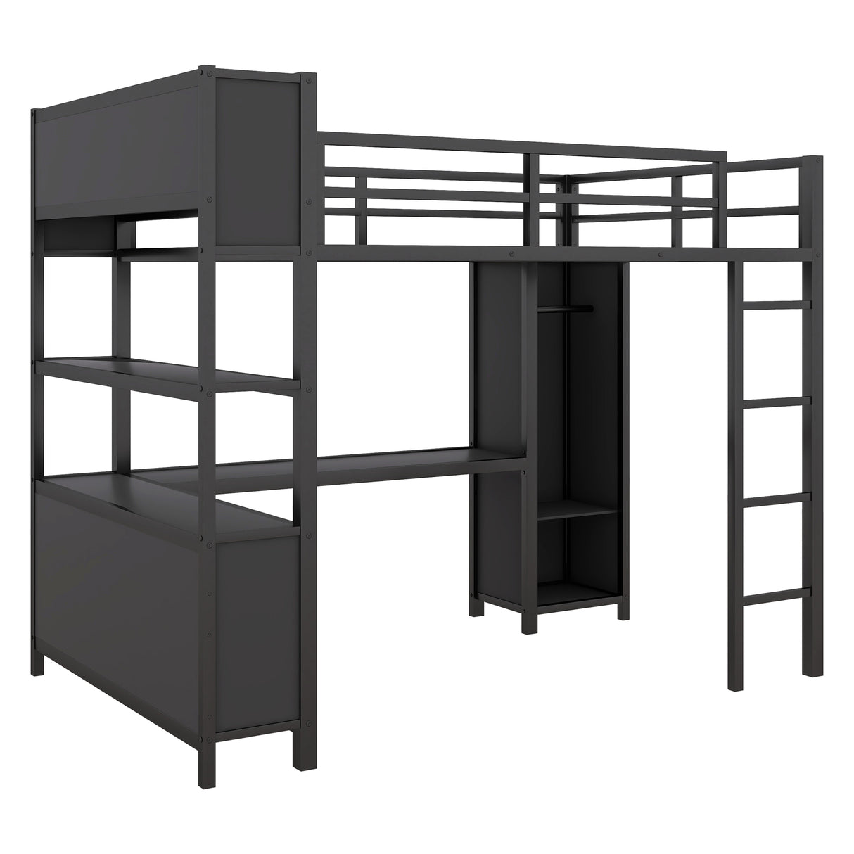 Metal loft bed with wardrobe and L-shaped desk, full-size loft bed with storage cabinet and shelf, heavy-duty loft bed, black - V.I.P Digital Presence