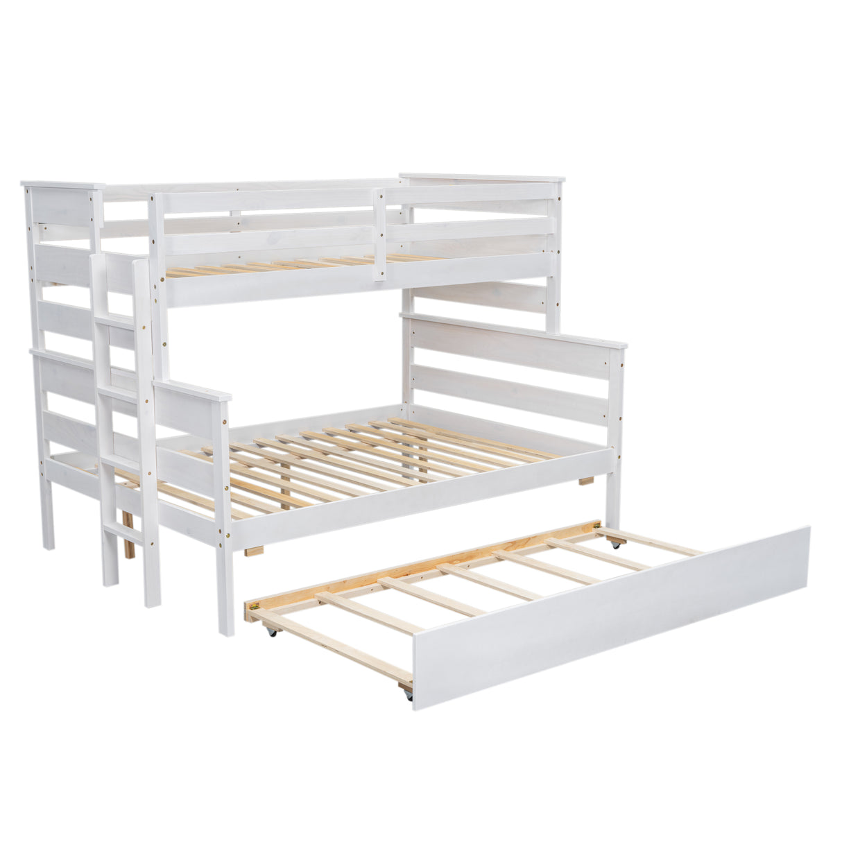 Wood Twin over Full Bunk Bed with Twin Size Trundle White