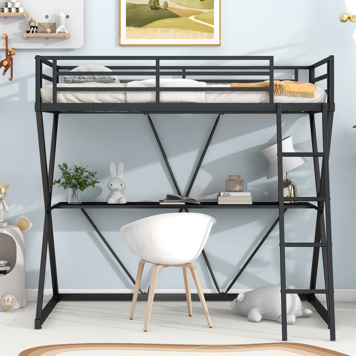 Twin Size Loft Bed with Desk Ladder and Full-Length Guardrails X-Shaped Frame Black