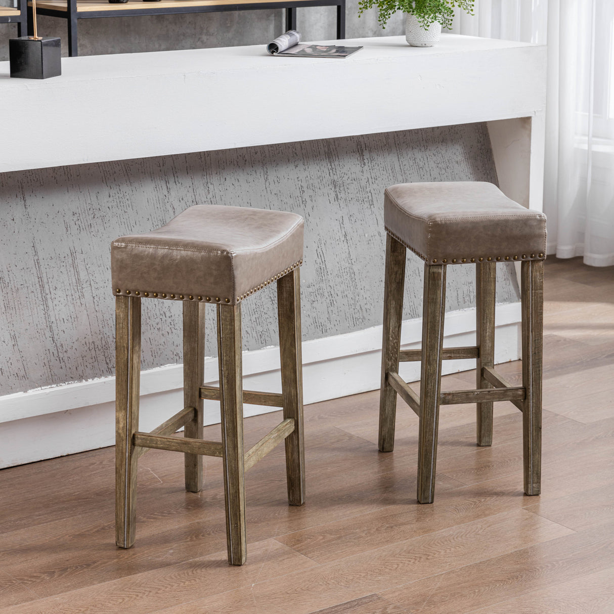 Counter Height 29" Bar Stools for Kitchen Counter Backless Faux Leather Stools Farmhouse Island Chairs (29 Inch Gray Set of 2)