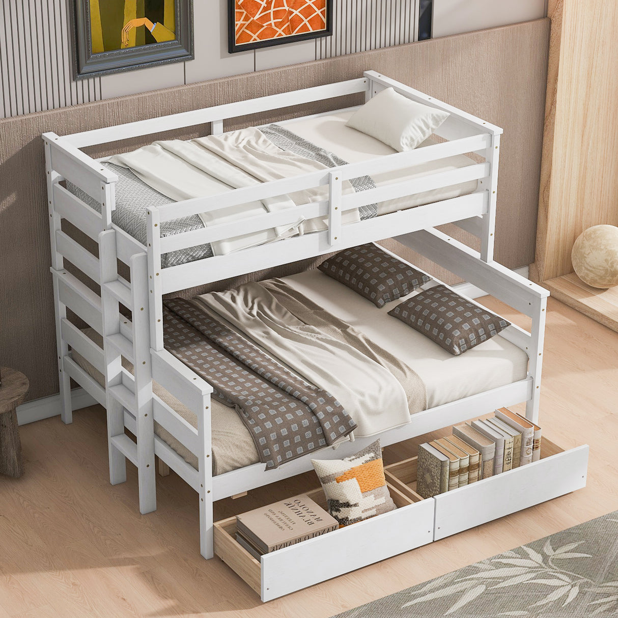 Wood Twin over Full Bunk Bed with 2 Drawers White