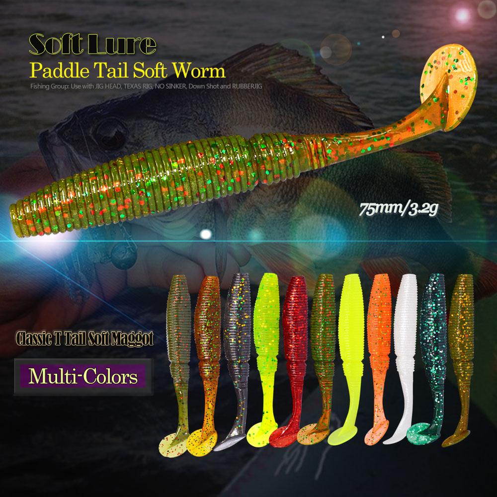 AFISHLURE 6pcs/lot T Tail Soft Worm 3.2g 75mm Paddle wobbler fishing lure for bass Fishing Bait Grub Swimbait
