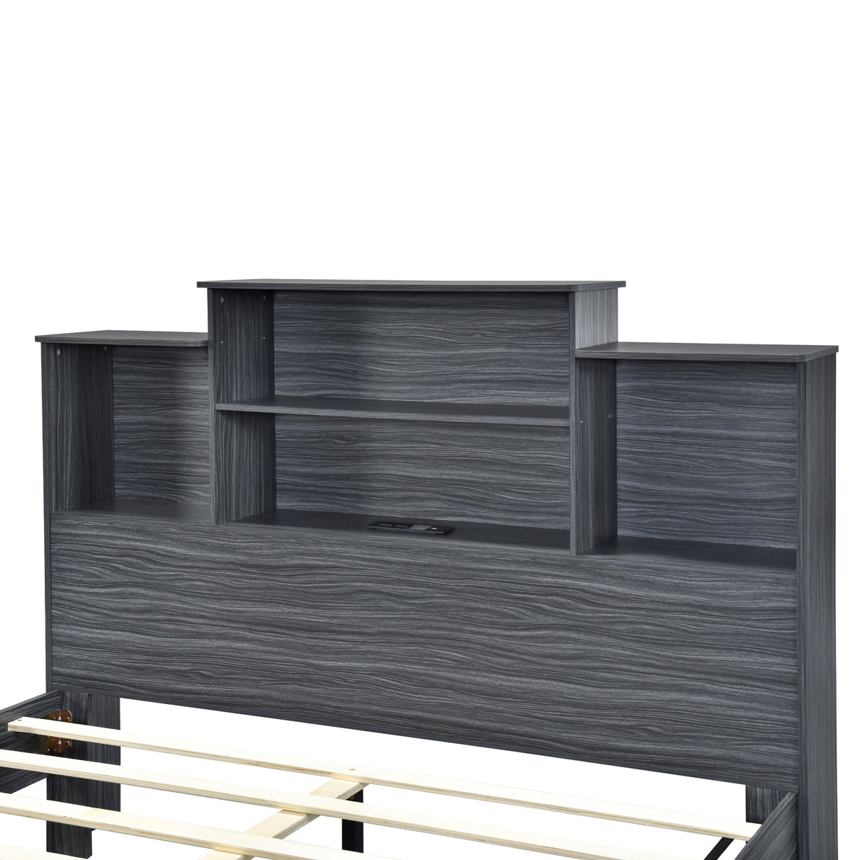 Queen Size Storage Platform Bed Frame with 4 Open Storage Shelves and USB Charging Design Gray
