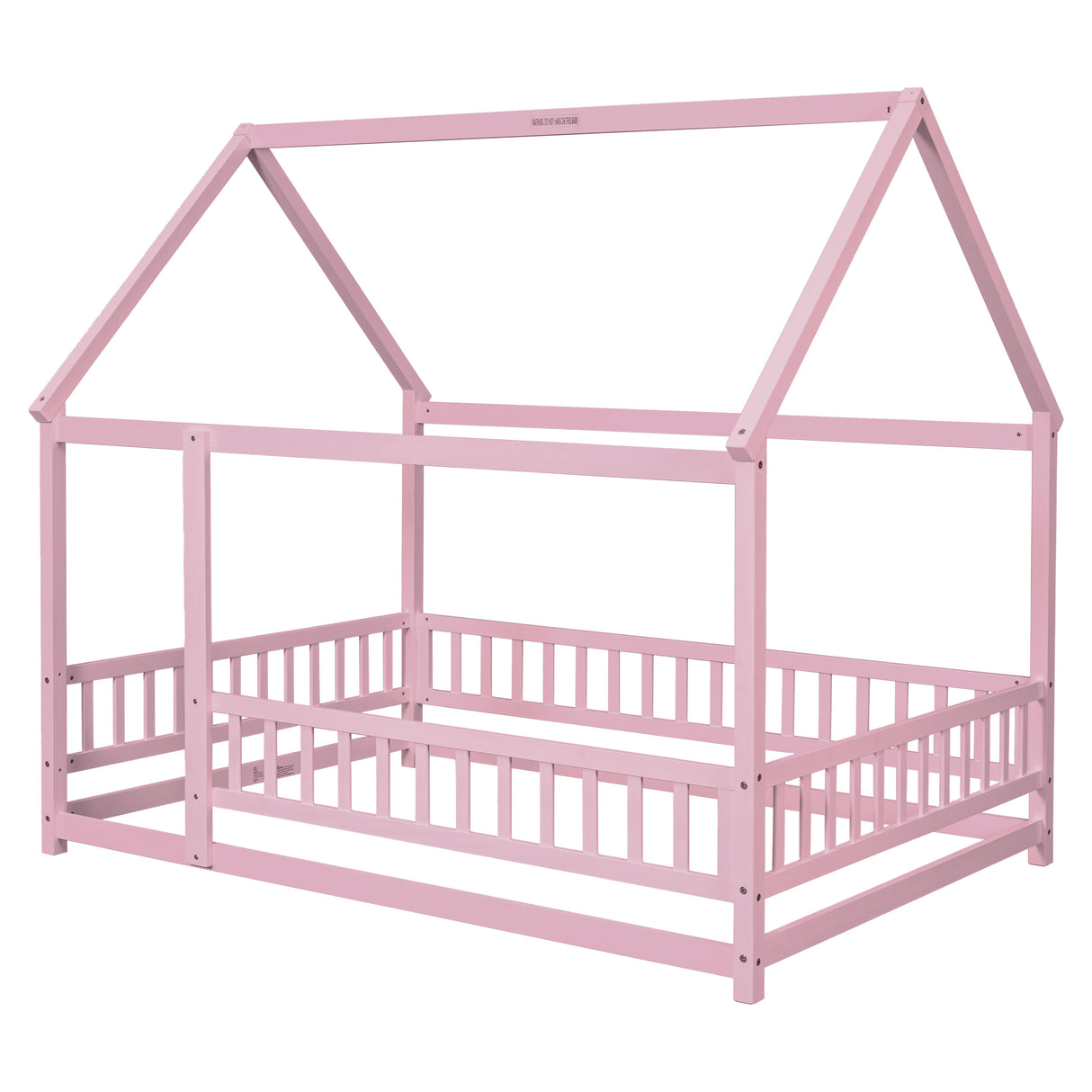 Full Size Floor Wooden Bed with House Roof Frame, Fence Guardrails ,Pink - V.I.P Digital Presence