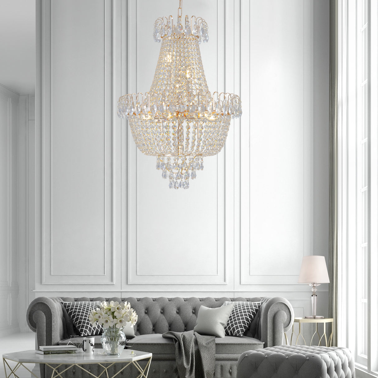 Golden crystal pendant light, large modern luxury ceiling lighting (without light bulbs) - V.I.P Digital Presence