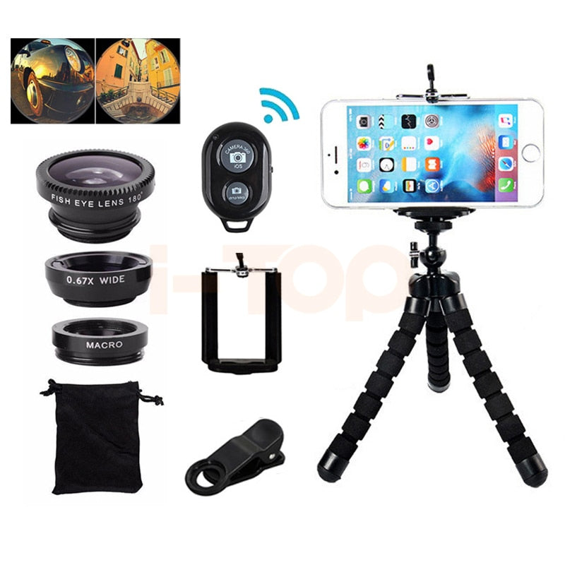 7in1 Phone Camera Lens Kit Fisheye Wide Angle Macro Lentes For iPhone 6 6s 7 8 Plus 5 5s Smartphone Tripod Bluetooth Shutter - V.I.P Digital Presence