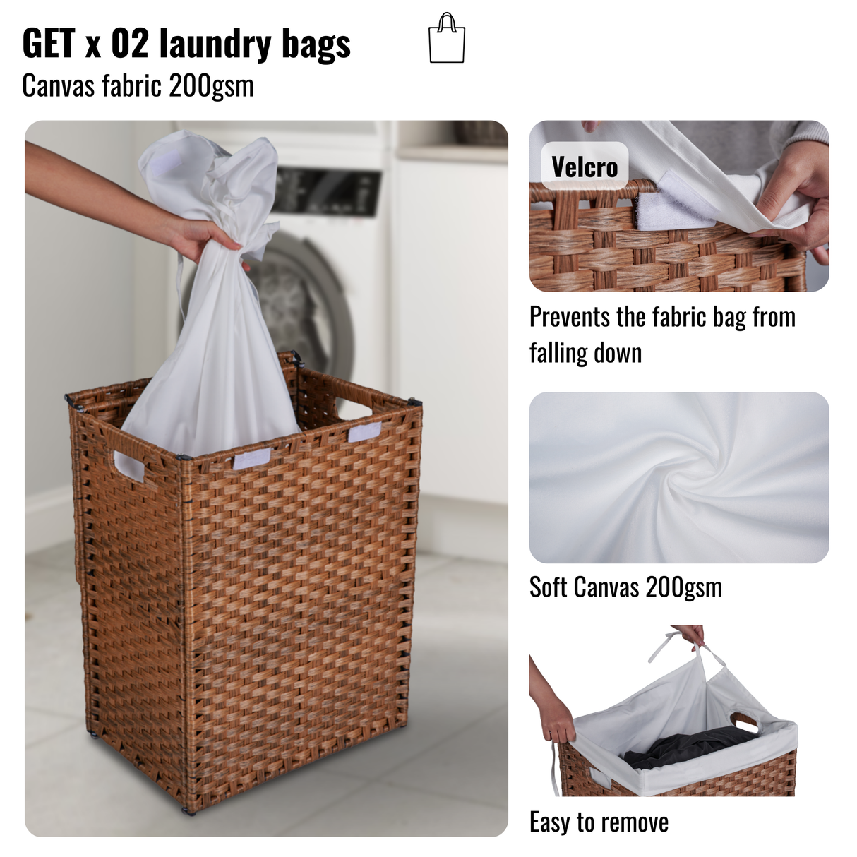 Laundry Hamper With Lid PE Rattan Powder Coating Frame Clothes Hampers with 02 Removable Bags, 100L, Brown Color - V.I.P Digital Presence