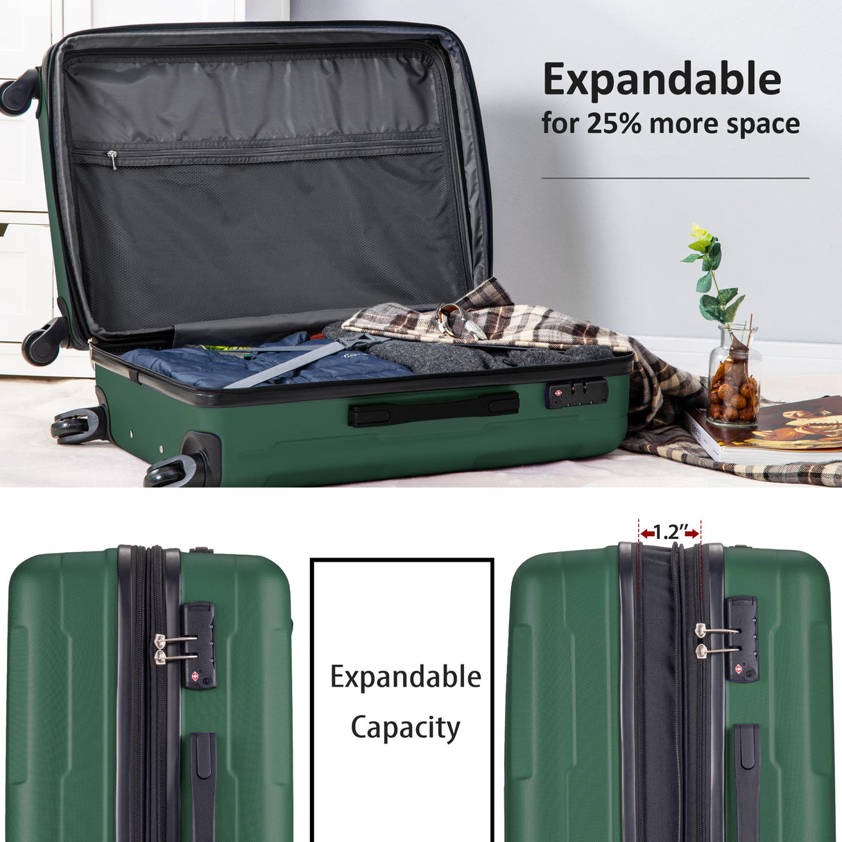 Expanable Spinner Wheel 2 Piece Luggage Set ABS Lightweight Suitcase with TSA Lock 20inch+24inch Green + Plastic