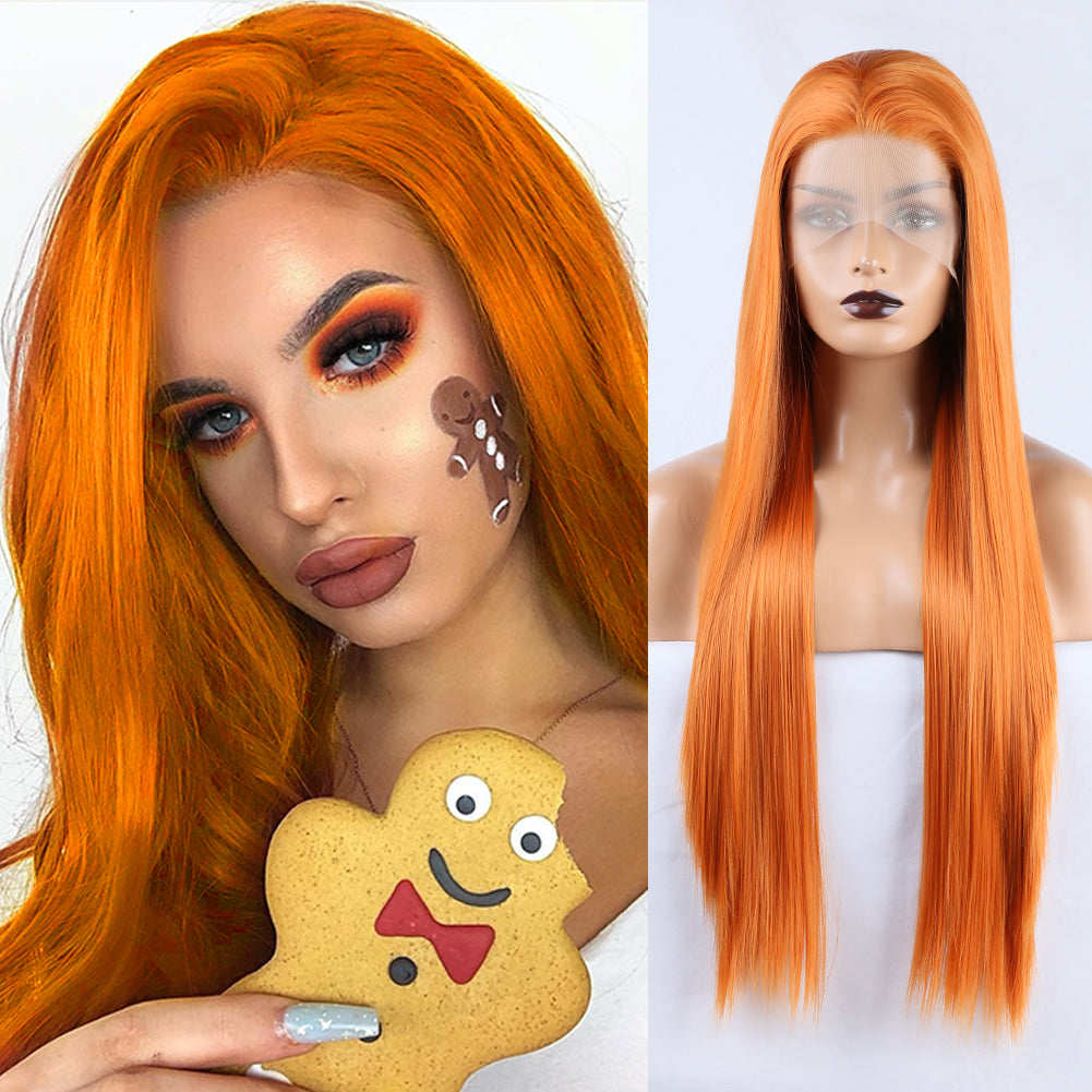 Long Straight Hair 13*2.5 Orange Chemical Fiber Front Lace Wig Head Cover Natural Hairline - V.I.P Digital Presence