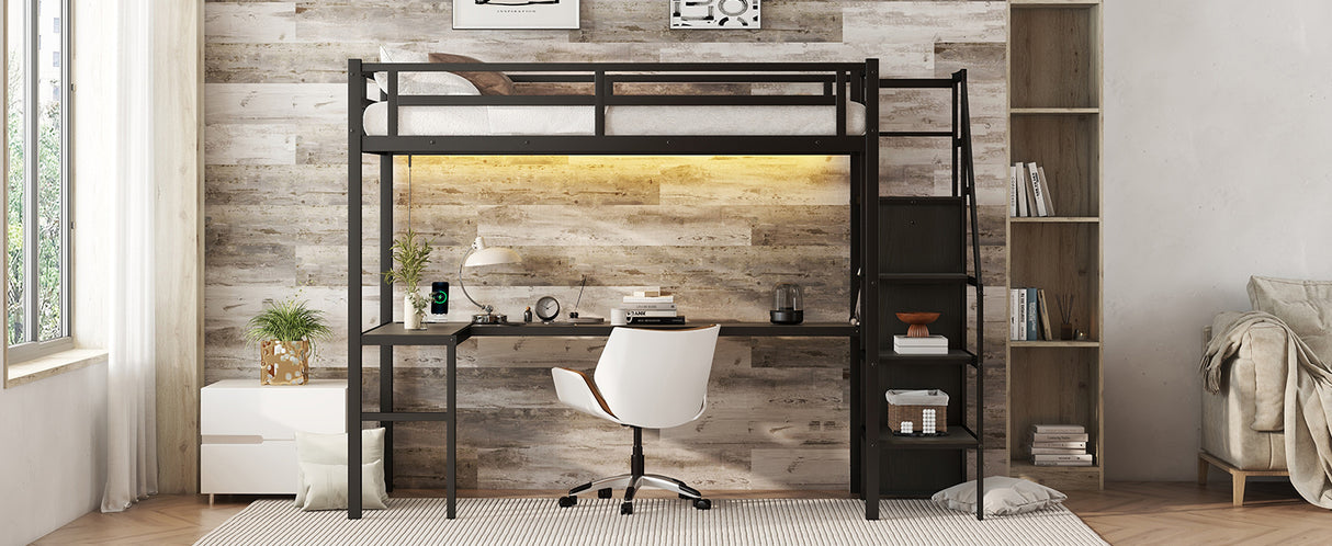 Twin XL loft bed with L-shaped desk and USB, metal loft bed with wardrobe and adjustable shelf, LED loft bed, black - V.I.P Digital Presence