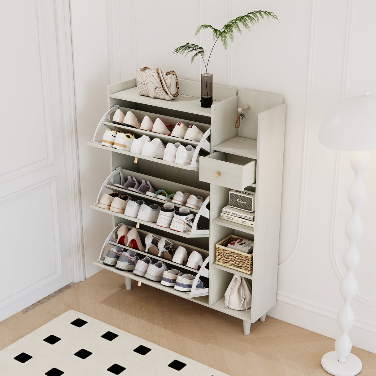Natural Bohemian style shoe cabinet with 3 rattan flip drawers, 3 square shelves, and 1 storage drawer, white - V.I.P Digital Presence