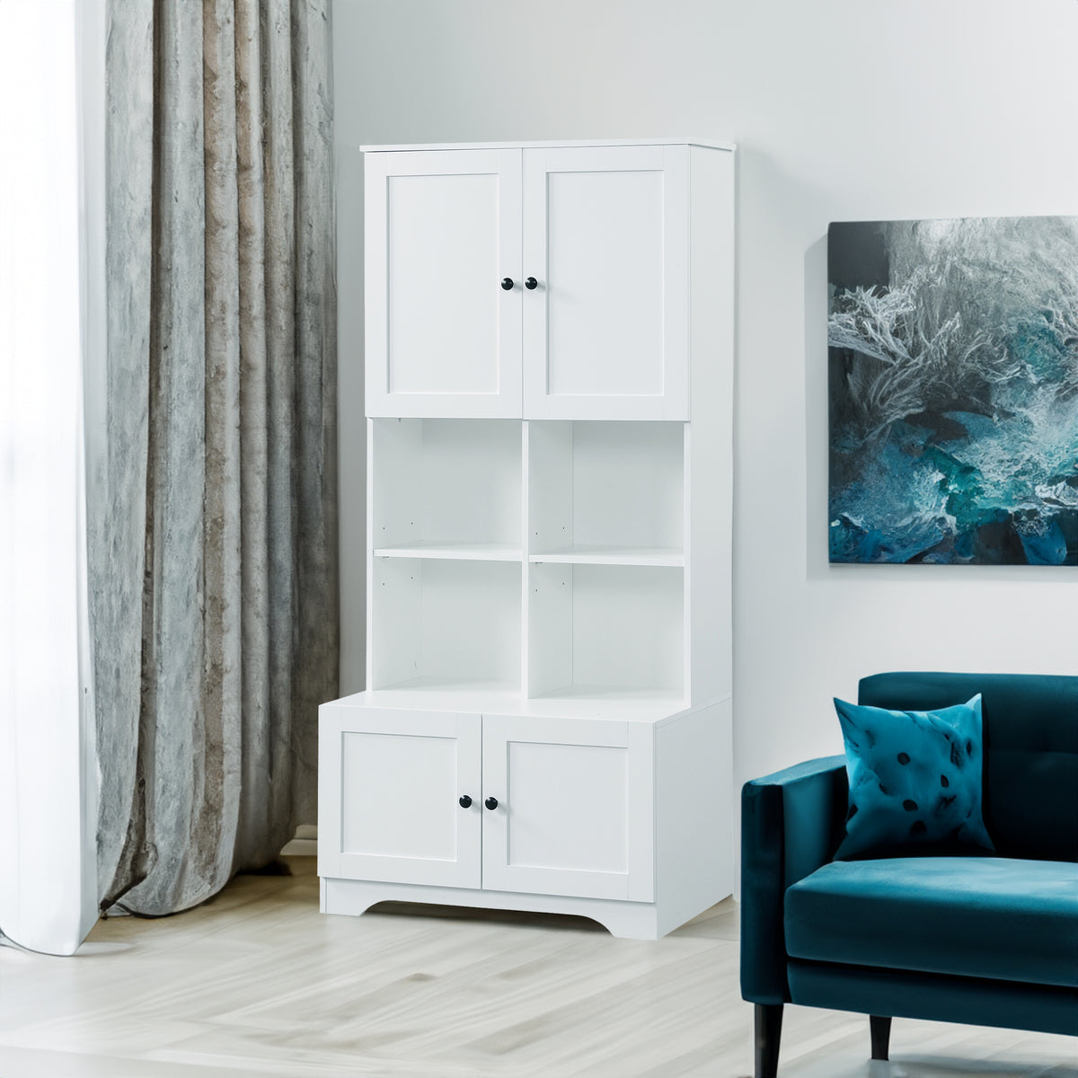 Bathroom storage cabinet, 4-door independent cabinet, adjustable shelf, open multi-layer shelf, white - V.I.P Digital Presence