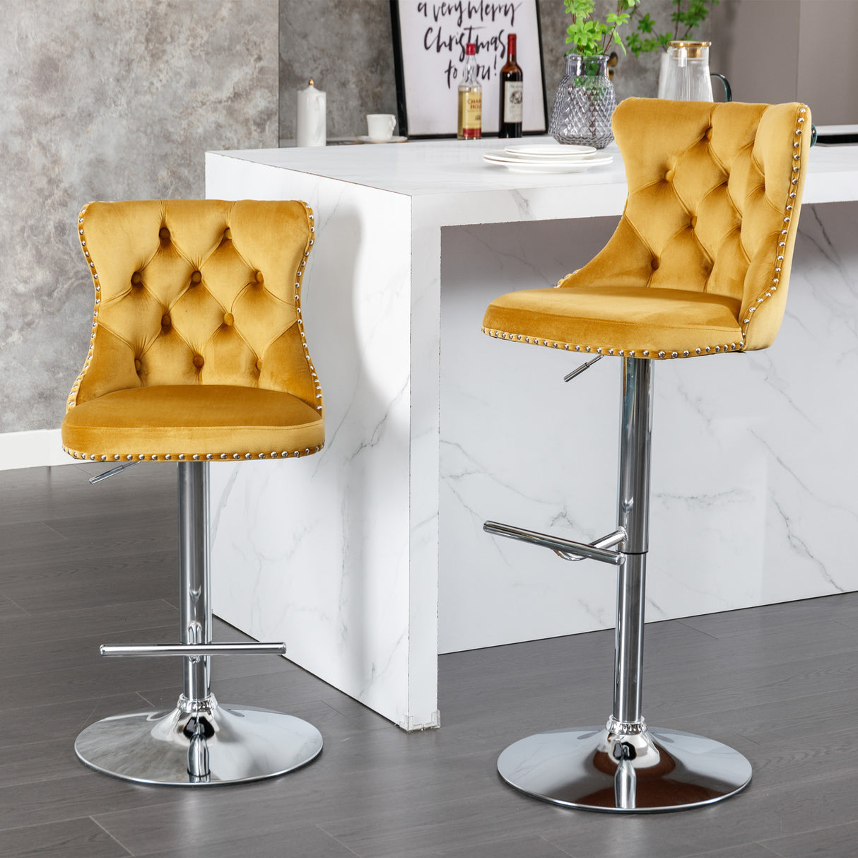 25-33 Inch, Modern Upholstered Chrome base Bar Stools with Backs Comfortable Tufted for Home Pub and Kitchen Island(Gold,Set of