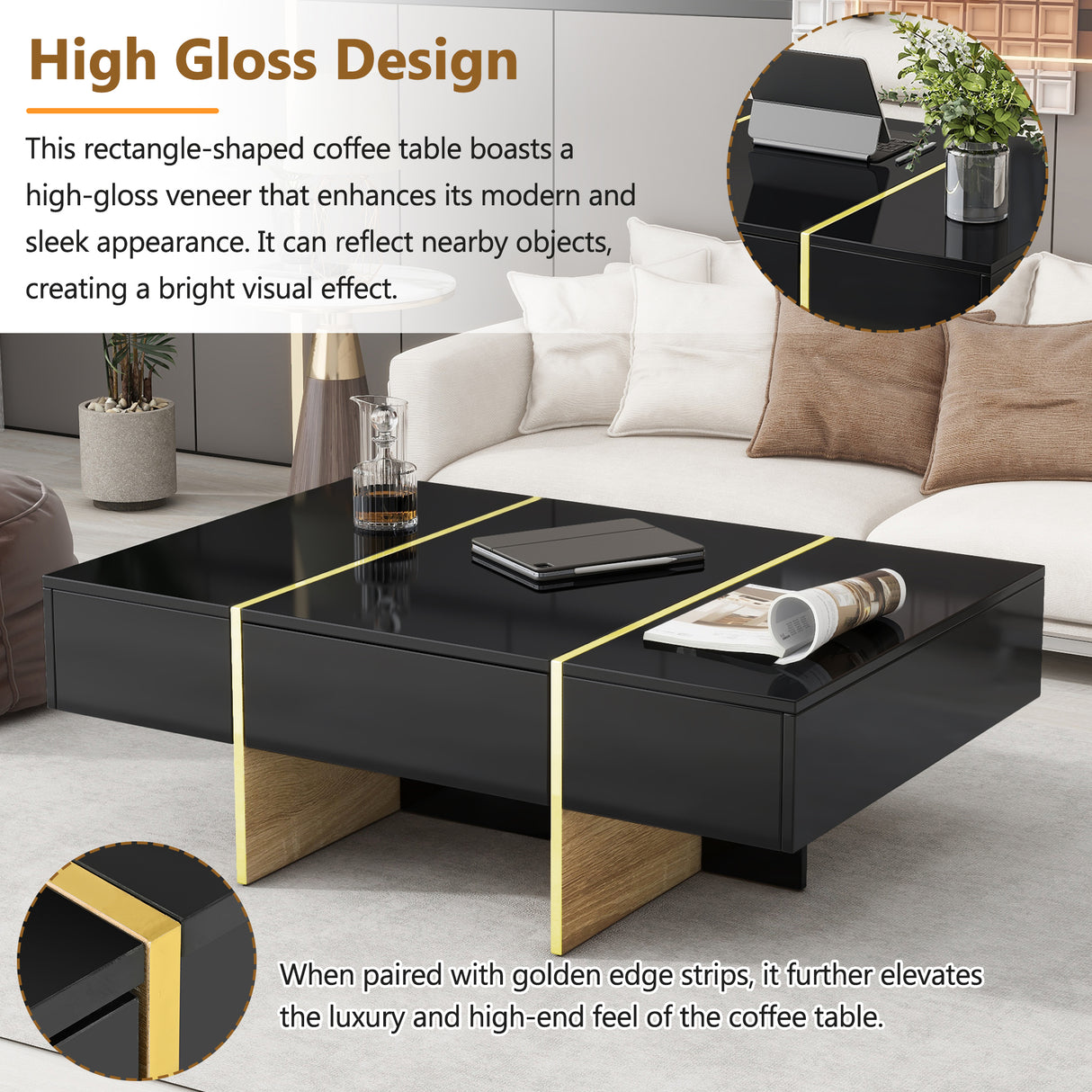 ON-TRANS 47.2 inch x 31.4 inch multifunctional rectangular sofa table with 2 drawers and gold wood grain leg center table, black - V.I.P Digital Presence