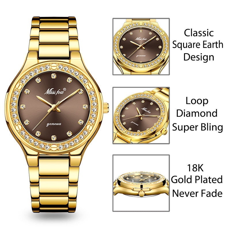 MISSFOX 2742 Elegant Woman Watch Luxury Brand Female Wristwatch Japan Movt 30M Waterproof Gold Expensive Analog Geneva Quartz Watch - V.I.P Digital Presence