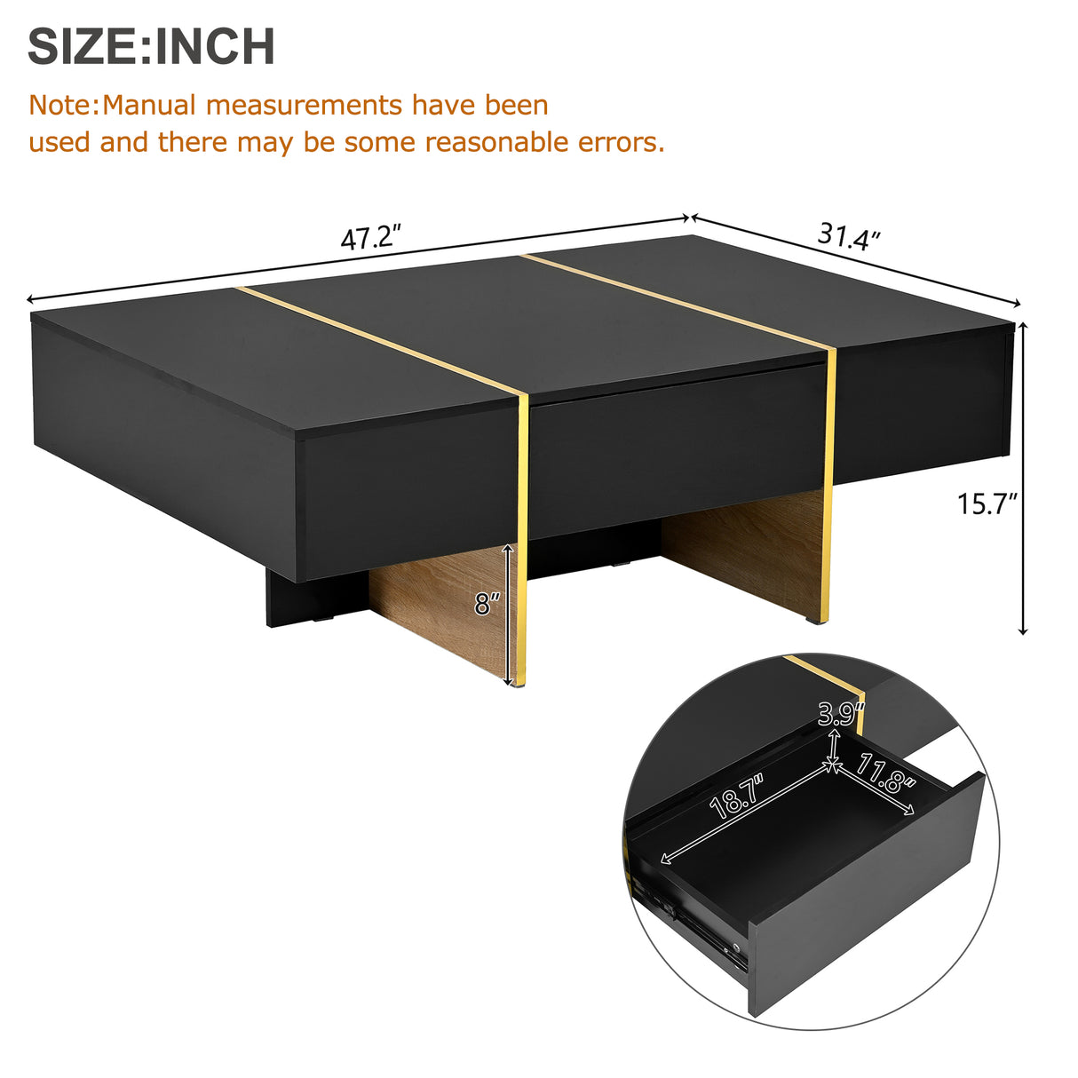 ON-TRANS 47.2 inch x 31.4 inch multifunctional rectangular sofa table with 2 drawers and gold wood grain leg center table, black - V.I.P Digital Presence